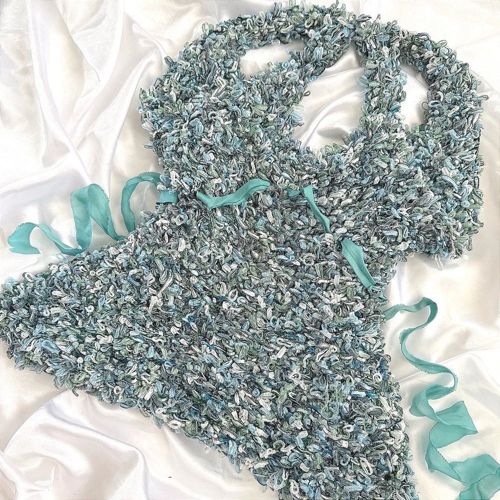 Handmade Crochet Halter Top Blue Green Textured Eyelash Knit Boho Ribbon Tie